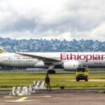 A Boeing 787 of Ethiopian Airlines lands at Brazzaville's Maya-Maya airport on February 17, 2018.