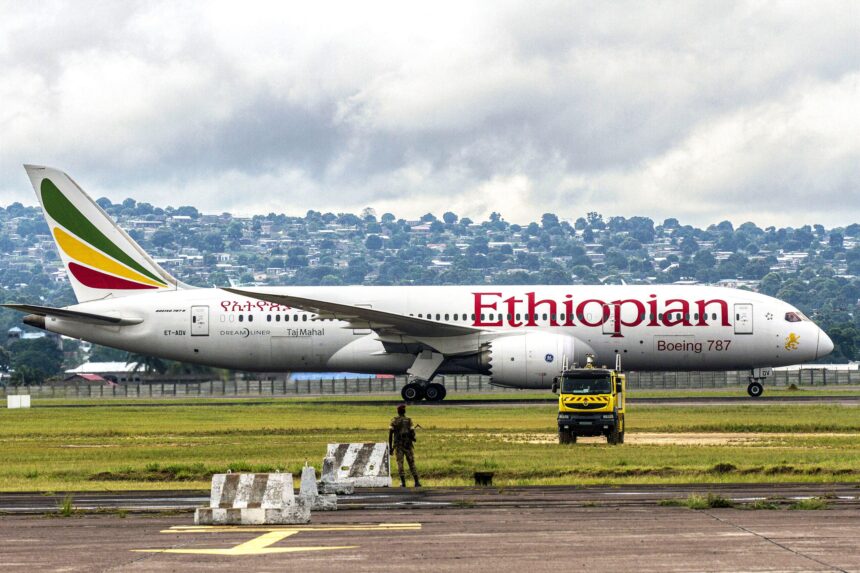 A Boeing 787 of Ethiopian Airlines lands at Brazzaville's Maya-Maya airport on February 17, 2018.