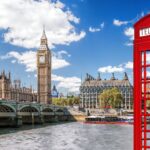 London symbols with BIG BEN and red Phone Booths in England, UK