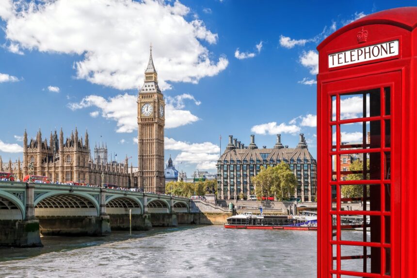 London symbols with BIG BEN and red Phone Booths in England, UK