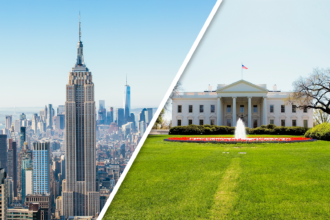 Split image of Empire State Building and The White House