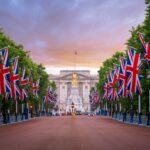 Buckingham Palace, The Mall, Union Flags, London, England