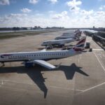 A line of British Airways planes at London City Airport