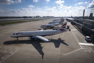 A line of British Airways planes at London City Airport