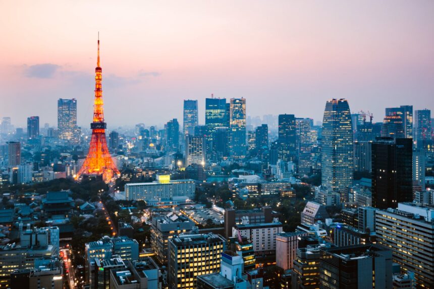 High angle view of Tokyo skyline at dusk, Japan