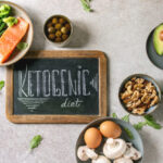 Chalkboard reading "Ketogenic diet" surrounded by raw salmon, avocado, broccoli, bean, olives, nuts, mushrooms, eggs in ceramic bowls.