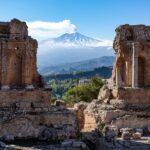 Volcano Etna in Sicily seen through ruins of ancient amphitheater in Taormina