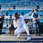 MEDITERRANEAN SEA - AUGUST 18: (L-R) Nalle Colt, Ty Taylor and Rick Barrio Dill of American R&amp;B group Vintage Trouble performing live on stage during the Keeping The Blues Alive At Sea event on board the Norwegian Pearl cruise ship in the Mediterranean, on August 18, 2019.