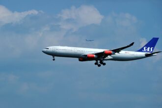 An Scandanavian Airlines jet prepares to