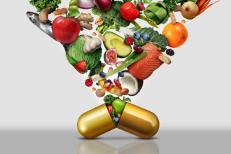 Gold pill capsule bursting open with a variety of fruits and vegetables shooting out of it and up out of the photo.