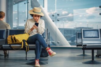 Airport Terminal: Black Woman Waits for Flight, Uses Smartphone, Receives Shockingly Bad News, Misses Flight. Upset, Sad, and Dissappointed Person Sitting in a Boarding Lounge of Airline Hub.