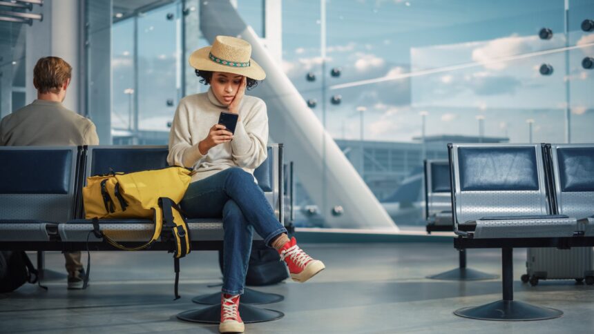 Airport Terminal: Black Woman Waits for Flight, Uses Smartphone, Receives Shockingly Bad News, Misses Flight. Upset, Sad, and Dissappointed Person Sitting in a Boarding Lounge of Airline Hub.