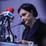 The Head of Delegation of the European Union to Nigeria and ECOWAS, Samuela Isopi addressing the audience during the signing of the 1st National Peace Accord by political parties presidential candidates of all political parties ahead of the 2023 general elections in Abuja, on 29 September 2022.