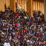 Supporters of the Niger coup in a stadium in Niamey, 6 August 2023.