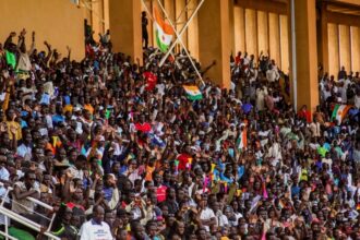 Supporters of the Niger putschists, in a stadium in Niamey, August 6, 2023.