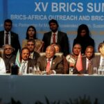 Prime Minister of India Narendra Modi, South African president Cyril Ramaphosa and president of China Xi Jinping attend a meeting during the 2023 BRICS Summit at the Sandton Convention Centre in Johannesburg on 24 August 2023.