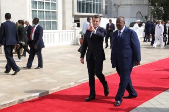 French President Emmanuel Macron and Djibouti President Ismail Omar Guelleh during the official military welcome ceremony at the presidential palace in Djibouti on 12 March 2019.