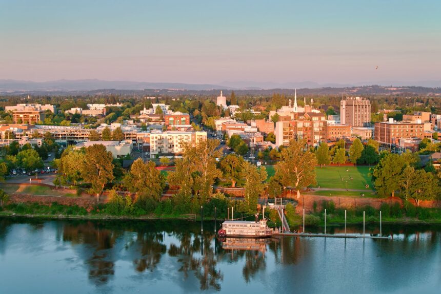 Drone Shot Looking Over Willamette River and Riverfront City Park Towards Downtown Salem, OR