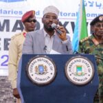 Ahmed Mohamed Islam better known as Madobe speaks after his re-election as president of Jubaland, in Kismayo, on 22 August 2019.