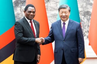 Zambian President Hakainde Hichilema with his Chinese counterpart Xi Jinping during a state visit to China, 15 September 2023.