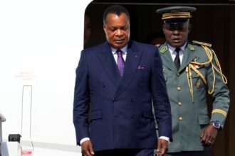 Congo’s president Denis Sassou Nguesso at Beijing Capital International Airport on 16 October 2023.