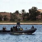 Egyptian boat during a search operation after a boat carrying migrants capsized in the Mediterranean, along the shore in the Egyptian port city of Rosetta on 22 September 2016.