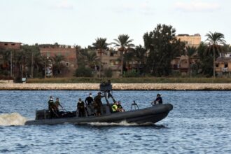 Egyptian boat during a search operation after a boat carrying migrants capsized in the Mediterranean, along the shore in the Egyptian port city of Rosetta on 22 September 2016.