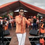 Incumbent Madagascar President Andry Rajoelina, candidate in the 2023 presidential election, speaks at a political rally during his re-election campaign, in Mahanoro, 11 November 2023.