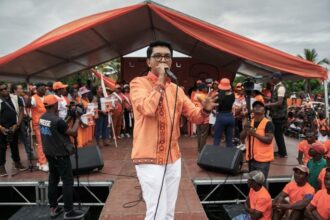 Incumbent Madagascar President Andry Rajoelina, candidate in the 2023 presidential election, speaks at a political rally during his re-election campaign, in Mahanoro, 11 November 2023.