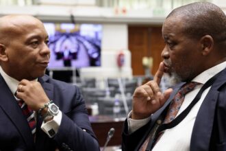 Minister of Electricity Kgosientsho Ramokgopa, and Minister of Energy Gwede Mantashe, at the South African Parliament in May 2023.