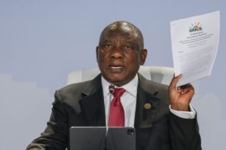 South African President Cyril Ramaphosa speaks during a press briefing of the BRICS Summit at the Sandton Convention Center in Johannesburg, South Africa on 24 August 2023.