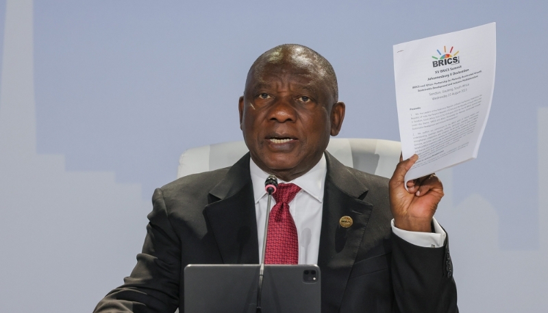 South African President Cyril Ramaphosa speaks during a press briefing of the BRICS Summit at the Sandton Convention Center in Johannesburg, South Africa on 24 August 2023.