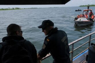 Spanish civil guards and Ghanaian military personnel train on the Volta river, Ghana, 11 March 2023.