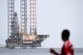 An offshore oil rig, off the coast of Port-Gentil in Gabon.