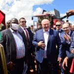 Belarusian President Alexander Lukashenko and his Zimbabwean counterpart Emmerson Mnangagwa at a ceremony to hand over Belarusian agricultural machinery in Harare on 31 January 2023.