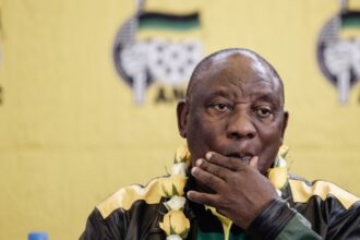 South African President Cyril Ramaphosa addresses new members of his party, the African National Congress, ahead of the 2024 general elections, north of Durban, on 14 May 2023.