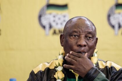 South African President Cyril Ramaphosa addresses new members of his party, the African National Congress, ahead of the 2024 general elections, north of Durban, on 14 May 2023.