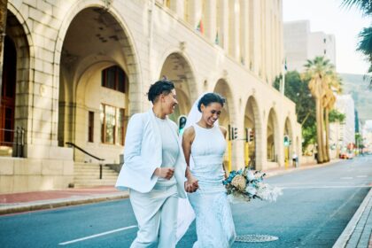 LGBTQIA couple celebrating their love with an elopement wedding in the city.